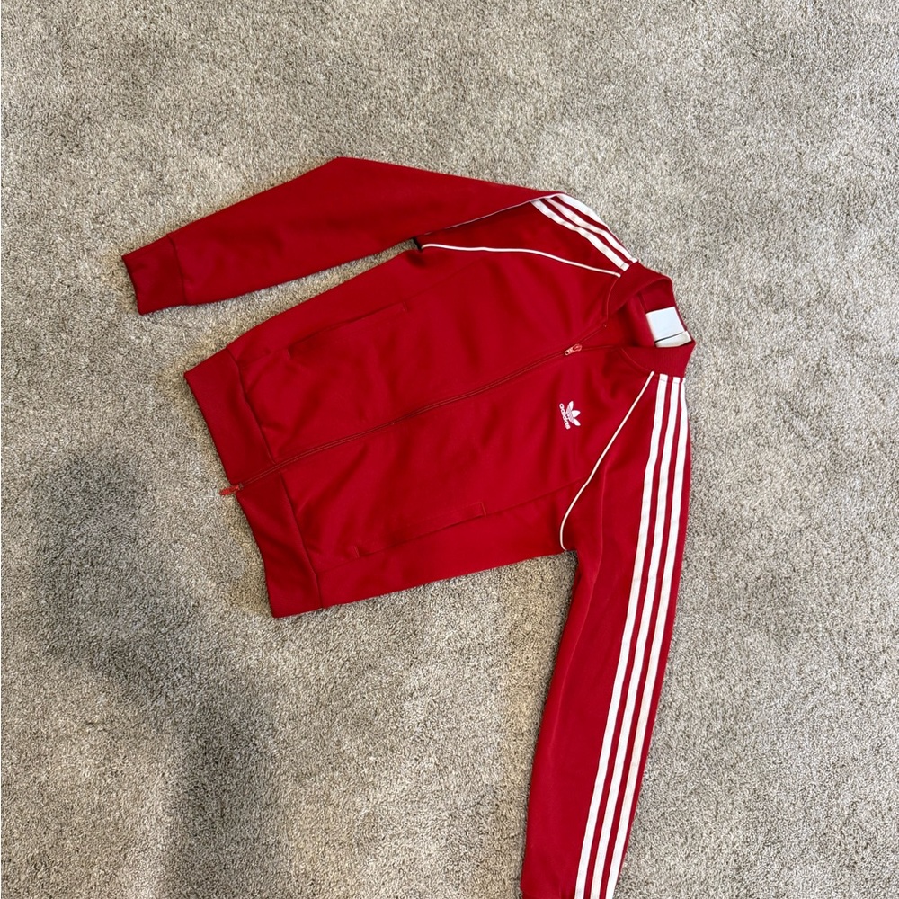 Adidas Unisex Red Track Jacket with White Stripes